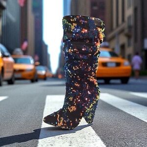 Bamboo Immerse Womens Sequin Velvet Boots Size 7.5 Multicolor Slouchy Block Heel